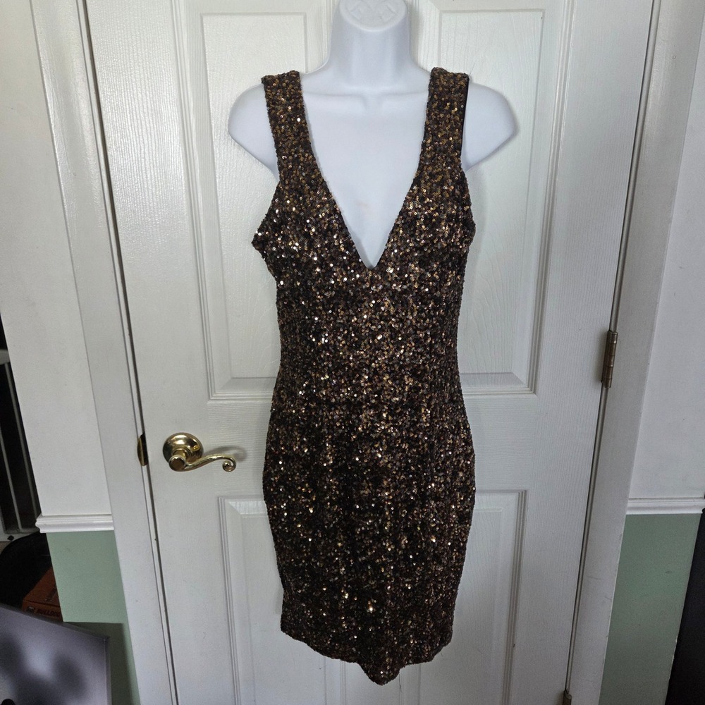 Dress The Population 8/M Bronze Sequin V-Neck Bodycon Cocktail Dress USA Formal